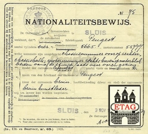 1926 Nationaliteitsbewijs Peugeot No: 75